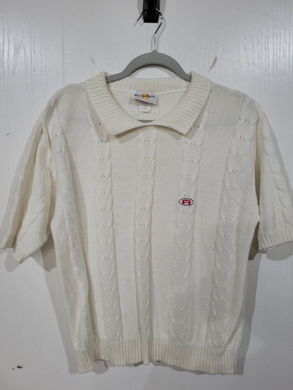 Etienne Aigner Vintage Cream Cable Knit Short Sleeve Polo Sweater Size Large